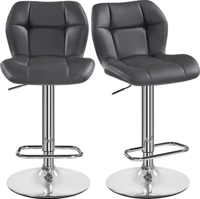 Two gray bar stools with chrome bases are shown against a white background.