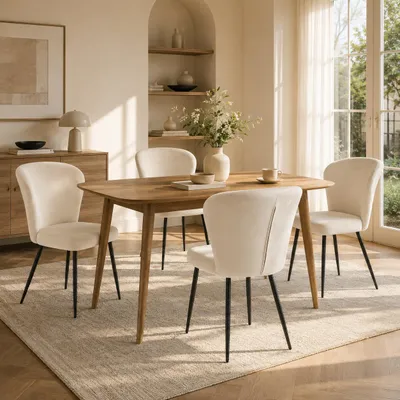 Produktbild von 4er Set Esszimmerstühle aus Samt, gepolsterte Küchenstühle mit Rückenlehne und Metallbeinen, moderne Polsterstühle, Cremeweiß, KI-generiertes Bild