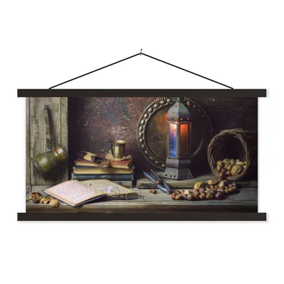 Produktbild von MuchoWow® Textilposter Buch - Stilleben - Walnuss - Laterne - Vintage 120x60 cm mit schwarzem Rahmen - Dekoration Schlafzimmer