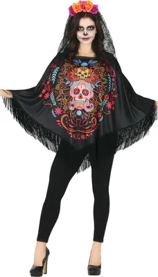 Produktbild von Dia de los Muertos Poncho mit Fransen