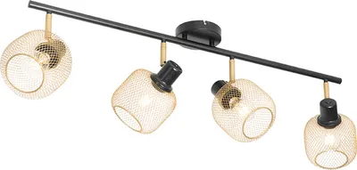 Produktbild von QAZQA - Industrie I Vintage I IndustrieSpot I Spotlight I Deckenspot I Deckenstrahler I Strahler I Lampe I Leuchte schwarz mit Gold I Messingenen 4-flammig Spotbalken-Lichtern - Bliss Mesh I Wohnzimme