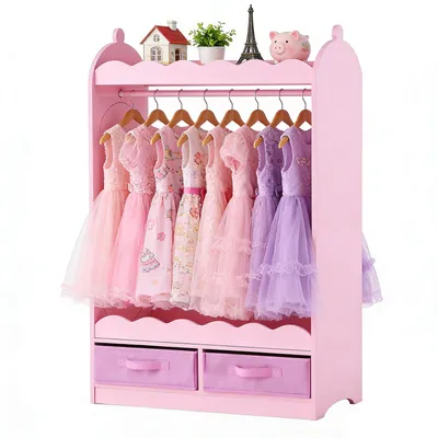 Produktbild von VEVOR Kinderkleiderschrank 604x339x1080mm, Kindergarderobe mit Spiegel Kleiderstange Ablagen, Verkleidungsschrank aus MDF mit Stoffschubladen für Mädchen, Kinderschrank für Kostüme Schlafzimmer, Rosa