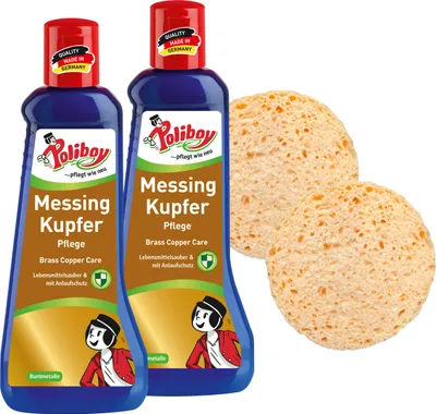 Produktbild von Poliboy Messing Kupfer Pflege 2er Set - je 200ml - inklusive Schwämmen - gegen Anlaufstellen - mit Carnaubawachs