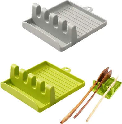 Produktbild von 2 Stück Löffelablage-Utensilienhalter, Küchenutensilienhalter aus Kunststoff, Silikon-Löffelablage zum Kochen, Pfannenwender, Topflappen (Grün und Grau)