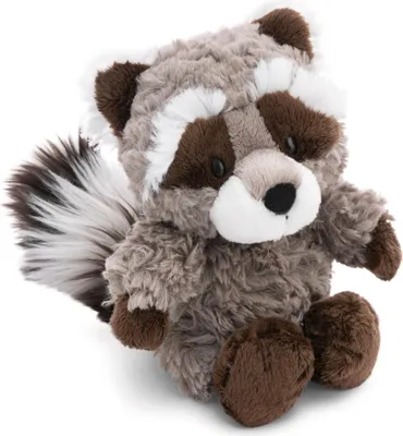 A plush toy raccoon sitting on a white background.