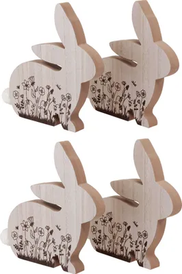 Produktbild von Osterhasen aus Holz dekorative Hasen Natur Braun sitzend Frühlingstischdeko 18,5x18cm 4er Set, 4 Stück