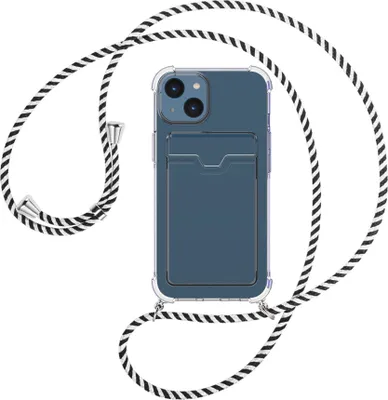 Produktbild von Handykette Backcover-Schutzhülle mit Band (Metall silberfarben) für Apple iPhone 15 - schwarz/weiß gestreift