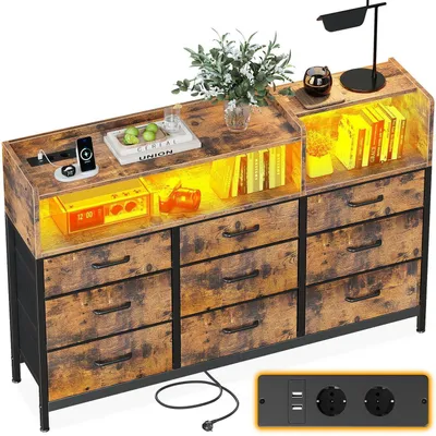 Produktbild von Kommode mit 9 Stoffschubladen, 2 Steckdosen, 2 USB, 10-farbiger LED-Streifen, 130x30x97cm, Retrostil
