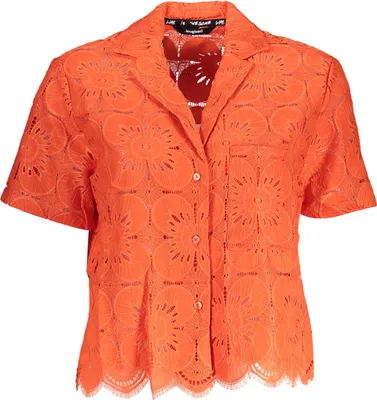 Image de Élégante chemise à manches courtes orange pour femme avec col en V et détails