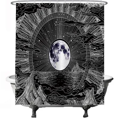 Obrázek produktu pro Závěs do sprchy Unyqoos® černobílý, 180 x 200 cm, polyester, vodotěsný a odolný proti plísním, s motivy v bohémském přírodním stylu, včetně 12 bílých kroužků