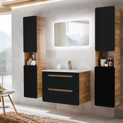 Produktbild von Badezimmermöbelset in seidenmatt anthrazit mit Wotan Eiche Nb. NEW-LUTON mit 81 cm Keramik-Waschtisch & LED-Spiegel, B/H/T ca. 180/200/46 cm