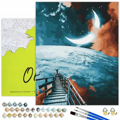 Produktbild von Oh Art! Malen nach Zahlen Erwachsene & Kinder - Mond und Landschaft 40x50 cm – Kreatives Set mit Holzrahmen, 30 Acrylfarben, 3 Pinseln und Zubehör