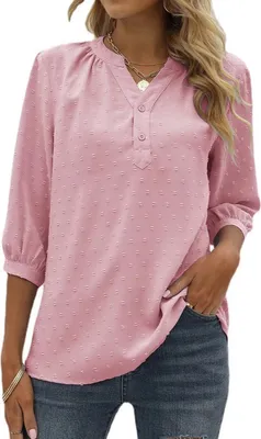 Produktbild von ASKSA Damen Swiss Dot Bluse 3/4 Ärmel Sommer Elegant T-Shirt V-Ausschnitt Tunika Einfarbig Chiffon Hemd, Rosa, XXL