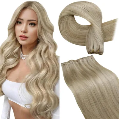 Image de Tresses naturelles blondes, à coudre. Cheveux humains Remy, blond platine avec mèches blondes, châtain clair. Lisses, 100g, 50cm