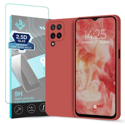 Produktbild von Hülle für Samsung Galaxy A12 mit 9H Displayglas Displayschutz Case Cover Bumper Smartphone Softgrip Schutzhülle Farbe: Rot
