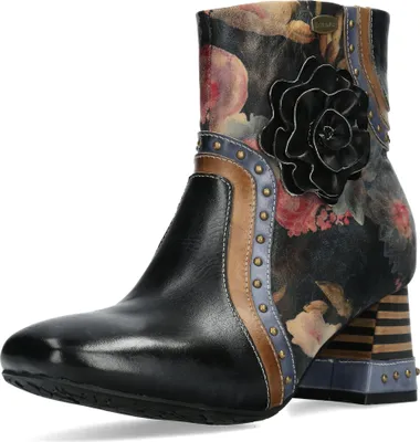 Produktbild von Laura Vita Damen Stiefelette Blumenmuster Nieten und Blütenapplikation Talao 02, Größe:39 EU, Farbe:Schwarz