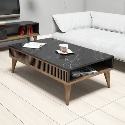 Produktbild von Skye Decor, Moderner Couchtisch in Walnuss und Schwarz, 105 x 60 x 34,6 cm | 100% melaminbeschichtete Spanplatte, 18 mm dick | Elegantes Marmor-Design für Ihr Zuhause.