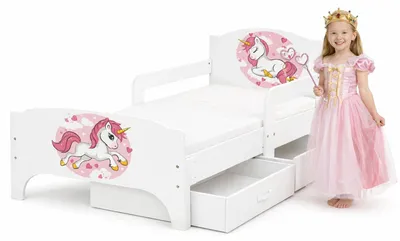 Produktbild von Bayagu Kinderbett 140x70cm Weiß Matratze Schublade Rausfallschutz Rosa Einhorn