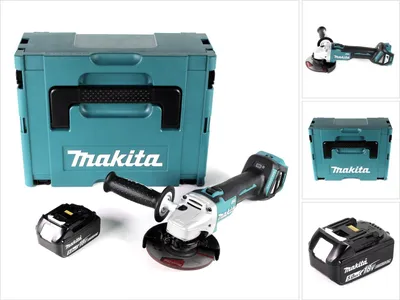 A Makita angle grinder set including the tool, a battery, and a storage case.