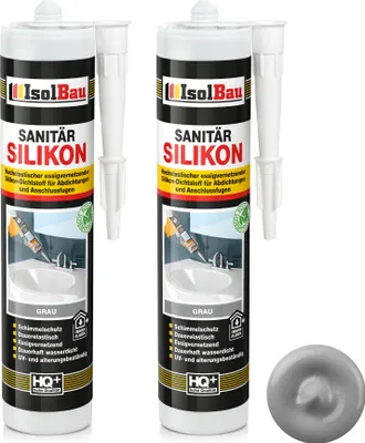 Produktbild von Isolbau Sanitär Silikon 2 x 300 ml Grau - Hochelastischer Silikon-Dichtstoff für Abdichtungen & Fugen – Schimmelresistent, wasserdicht -  Kartusche