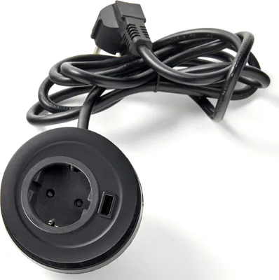 Produktbild von Einbausteckdose 1x220V, 1xUSB 2A, Kabel 1,5m+Stecker, schwarz