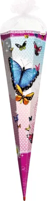 Produktbild von ROTH Schultüte groß Butterfly 85 cm Glitter Rüschenborte eckig Rot(h)-Spitze Tüllverschluss Zuckertüte Schulanfang