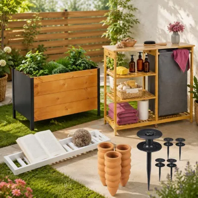 Produktbild von Starter-Set für die Gartenarbeit im Freien (4-teilig) – Pflanztisch, Schlauchhalterungen und Gießkegel