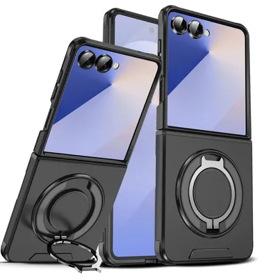 Produktbild von Handyhülle für Samsung Galaxy Z Flip7 Dual-Layer Stoßfest Militär Hülle mit Magnetisch Ring Ständer Schwarz