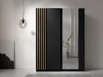 Produktbild von AX LIVING Kleiderschrank schwarz mit Spiegel 150 cm – Beralto mit Lamellen