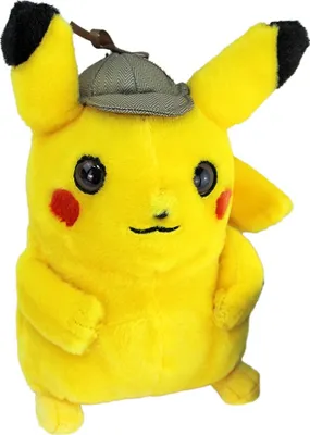 A plush toy of Detective Pikachu wearing a hat, set against a white background.