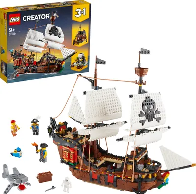 Produktbild von LEGO Creator 3-in-1 Piratenschiff Set, Spielzeug mit 3 Baumöglichkeiten, Baue in Piraten-Taverne oder Pirateninsel mit Totenkopf um, inklusive 3 Minifiguren für Rollenspiel-Abenteuer 31109