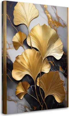 Produktbild von Leinwandbild Ginkgo-Blumen Goldener Marmor Glamour 80x120 Feeby Gold bild für die wand bereit zum aufhängen