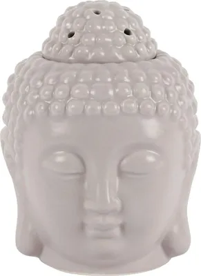 A close-up studio shot of a gray ceramic Buddha head oil burner.