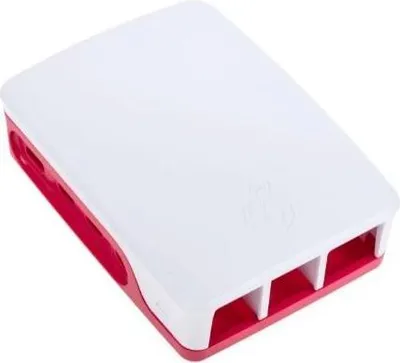 A white and red Raspberry Pi 4 case is shown against a white background.