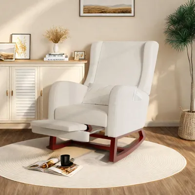 Immagine prodotto di Sedia a dondolo beige in tessuto effetto velluto con poggiagambe estensibile, tasche laterali e cuscino in dotazione