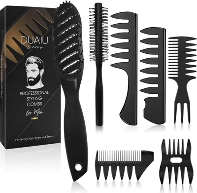 Obrázek produktu pro DUAIU Sada pro styling vlasů pro muže: kartáč, hřeben, 7 kusů, kulatý kartáč s hrubými štětinami