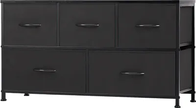 A black fabric drawer dresser with a metal frame.