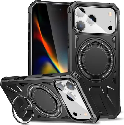 Immagine prodotto di Custodia a doppio strato compatibile con MagSafe per iPhone 17 Pro, robusta custodia di protezione con supporto ad anello magnetico nero