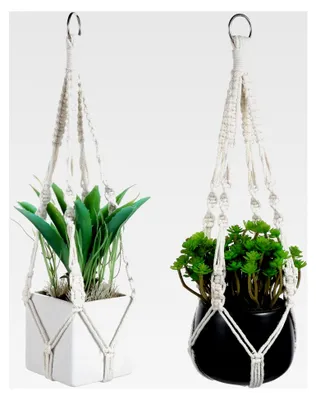 Produktbild von 2 Stück Makramee Blumenampel Hängend Innen, Boho Außen Pflanzenampel in Pastellfarben