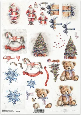 Immagine prodotto di ITD carta di riso decoupage tecnica artigianale tovagliolo di carta R2455 Babbo Natale, cavallo a dondolo, orsetto, fiocco di neve, regalo, albero di Natale