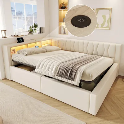 Obrázok produktu pre Merax, lôžko s úložným priestorom, rozmer 140x200 cm, čalúnené lôžko s hydraulickým systémom, LED pásik, polička, USB port, lôžko z ľanu, rozkladacia pohovka, farba: béžová