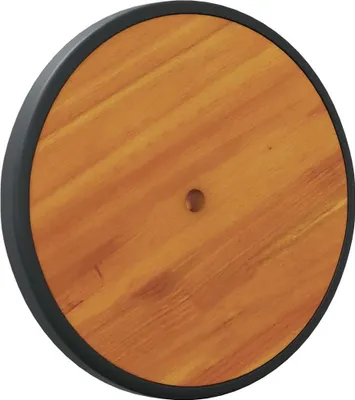 A circular wooden object with a black rim, centered on a white background.