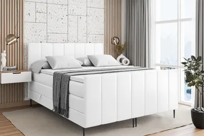 Produktbild von ALTDECOR Boxspringbett mit Schwarz Füßen, Matratze und Lattenrost, Topper, Fußteil, Polsterbett mit Bettkasten, Bett mit Stauraum H3- und H4- Matratze -MOETI-FC-Z KING-140x200 - Weiß Kunstleder