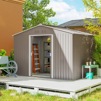 Zdjęcie produktu dla Domek ogrodowy Outsunny Metal 4,9 m², z dachem dwuspadowym, drzwiami przesuwnymi, fundamentem, 277 x 195 x 192 cm, ocynkowany stalowy domek narzędziowy, odporny na warunki atmosferyczne, do ogrodu, jasnoszary