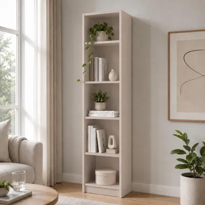 Obrázek produktu pro SELO Moderní regál na knihy 50 x 31 x 183 cm – kašmírový – 5 police – otevřený volně stojící regál z nábytkové desky o tloušťce 16 mm, Obrázek vytvořený pomocí AI