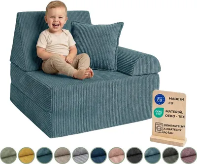 Obrázok produktu pre Pillows24 – Detský gauč z manšestru | Detské kreslo s prateľným poťahom | Detský gauč do detskej izby – Vyrobené v EÚ, tyrkysová farba