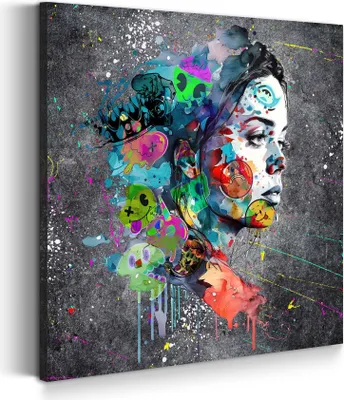 Produktbild von Street Art Frauengesicht Leinwandbild Wandbild Kunstdruck XXL Deko: 40x40x2cm
