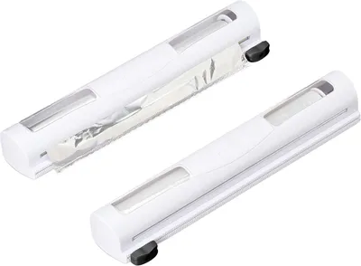 Zdjęcie produktu dla Zestaw 2 uchwytów na rolki folii - 5 x 37 x 8 cm - Nożyk do folii magnetyczny - Do przechowywania folii spożywczej i folii aluminiowej - Dyskpenser do folii - Biały