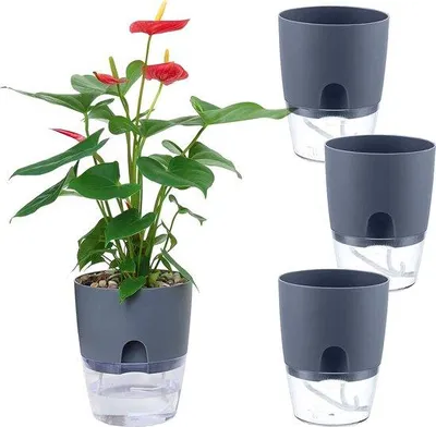 Produktbild von Unyqoos® selbstbewässernder Kräutertopf – 4er-Set Kunststoff-Blumentöpfe mit Bewässerungssystem und Untersetzer, Ø 10,4 cm, Grau