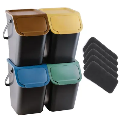 Produktbild von 4er-Set schwarzer BINI-Mülltrennbehälter mit farbigen Deckeln (gelb/grün/blau/braun) + 5 Stück Aktivkohlefilter